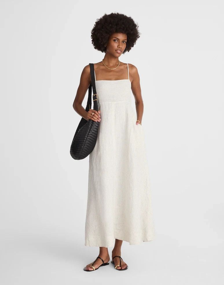 New Madewell Striped Empire Waist Midi Dress Linen Ivory Size Large